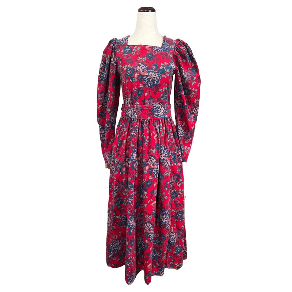 Vintage Laura Ashley Red Corduroy Floral Puff Sleeve A-line Dress